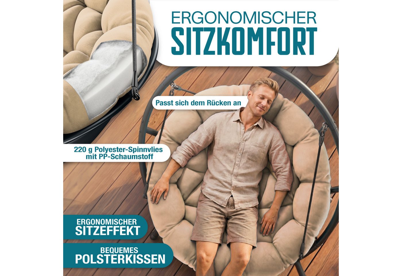 KESSER Hängesessel Bali Hängesessel mit Gestell Hängeschaukel Hängestuhl bis 150kg (mit Wipp Funktion, Kissen & Seitentasche), Hängekorb Stahlgestell Schaumstof – Bild 3 von 5