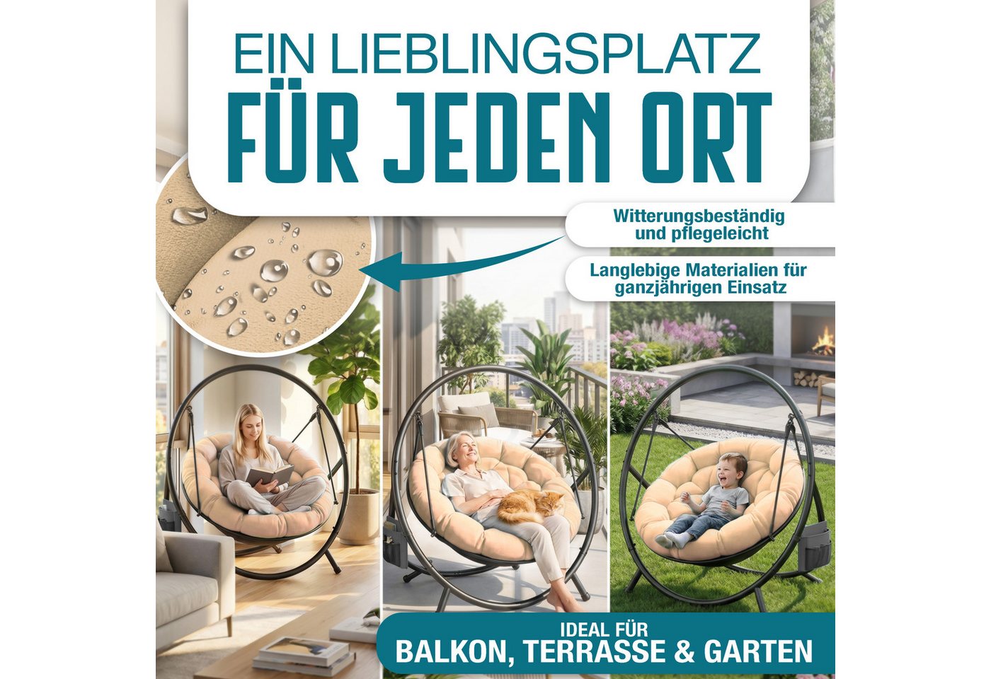 KESSER Hängesessel Bali Hängesessel mit Gestell Hängeschaukel Hängestuhl bis 150kg (mit Wipp Funktion, Kissen & Seitentasche), Hängekorb Stahlgestell Schaumstof – Bild 4 von 5
