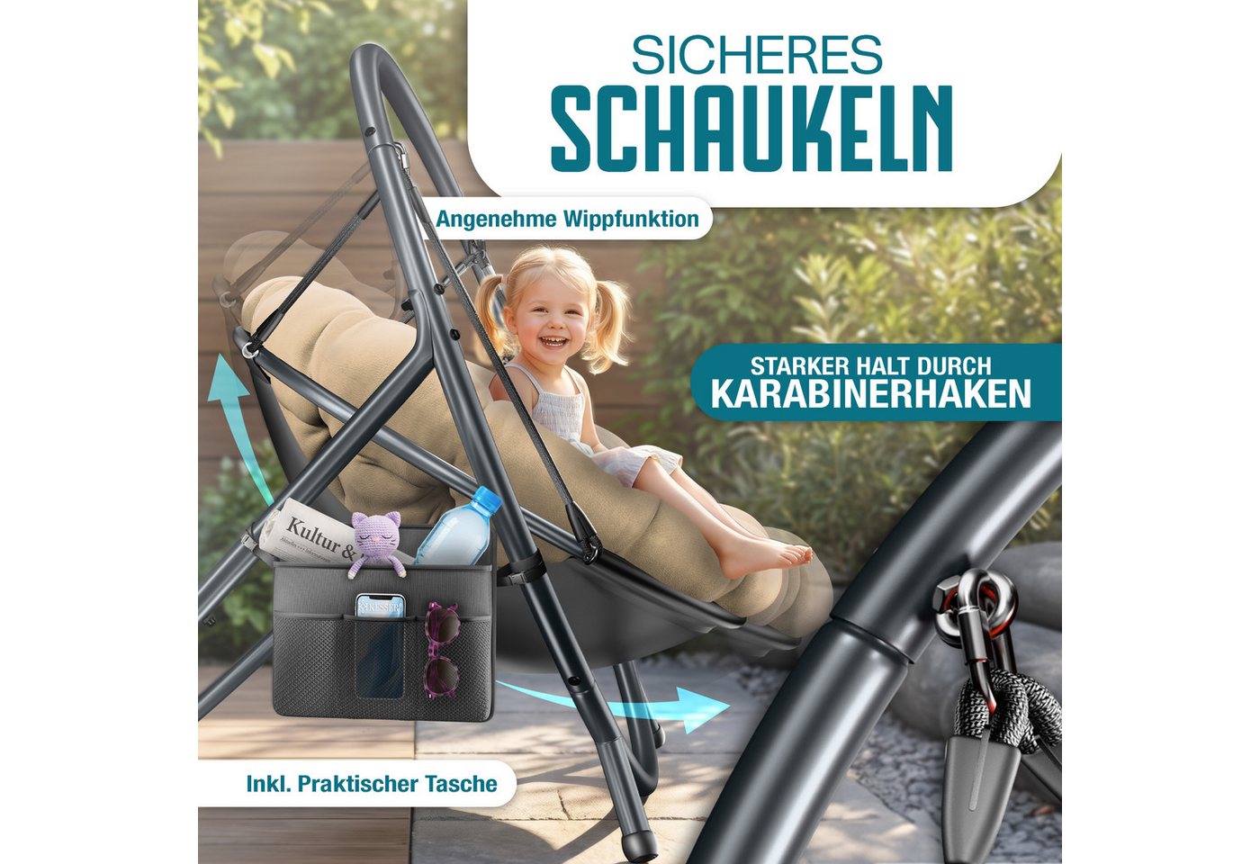 KESSER Hängesessel Bali Hängesessel mit Gestell Hängeschaukel Hängestuhl bis 150kg (mit Wipp Funktion, Kissen & Seitentasche), Hängekorb Stahlgestell Schaumstof – Bild 5 von 5