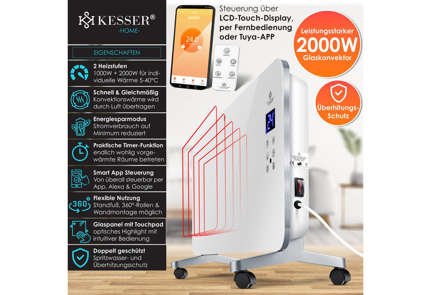 KESSER Heizgerät, 2000 W, Elektro Glasheizung Konvektor Elektroheizung Heizung – Bild 2 von 5