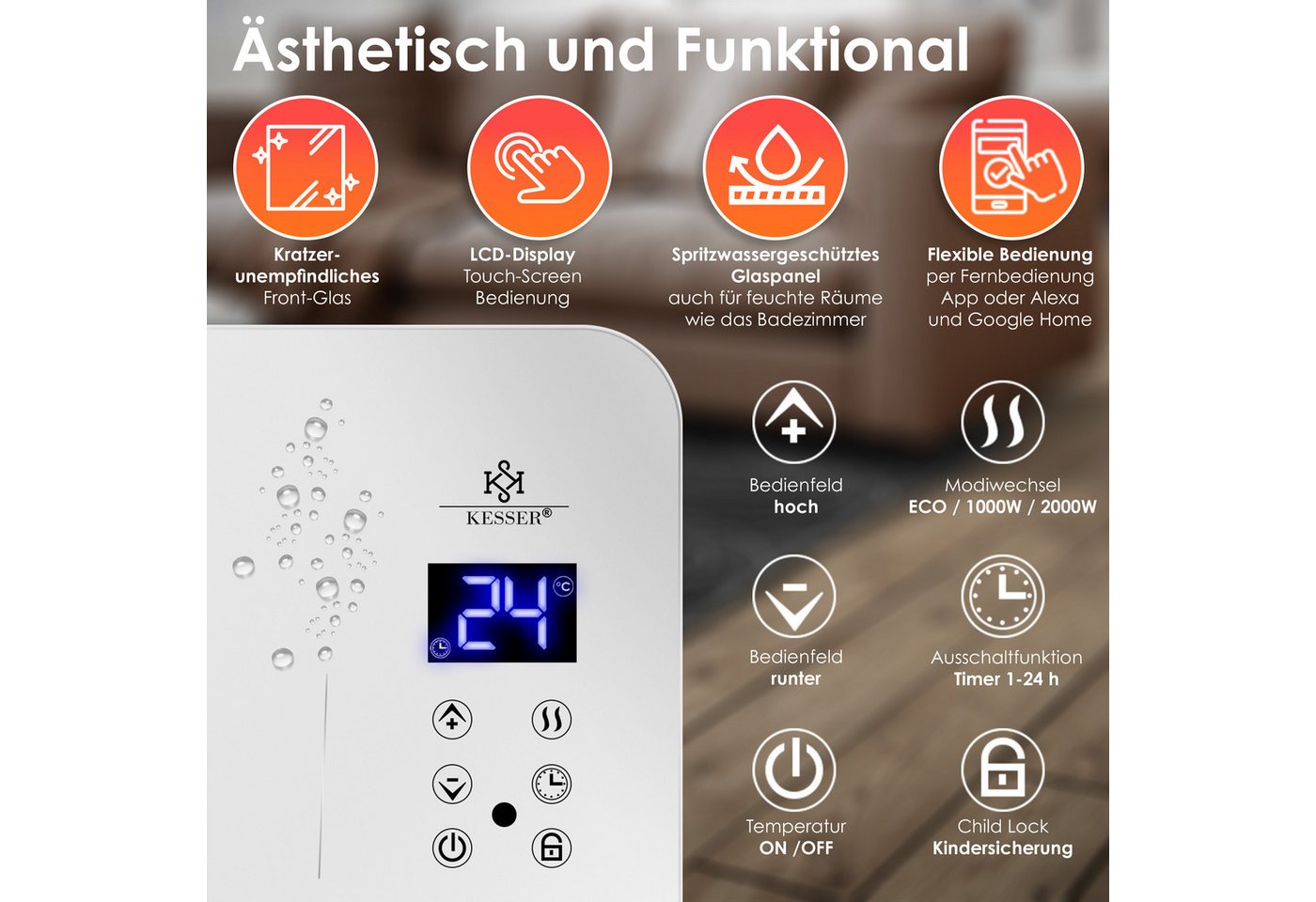 KESSER Heizgerät, 2000 W, Elektro Glasheizung Konvektor Elektroheizung Heizung – Bild 3 von 5