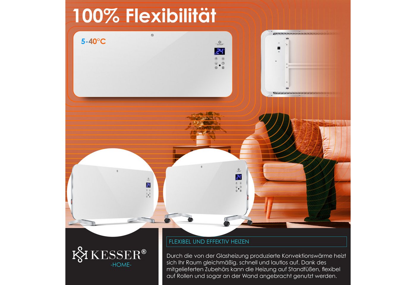 KESSER Heizgerät, 2000 W, Elektro Glasheizung Konvektor Elektroheizung Heizung – Bild 4 von 5