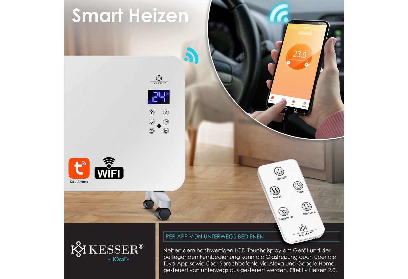 KESSER Heizgerät, 2000 W, Elektro Glasheizung Konvektor Elektroheizung Heizung – Bild 5 von 5
