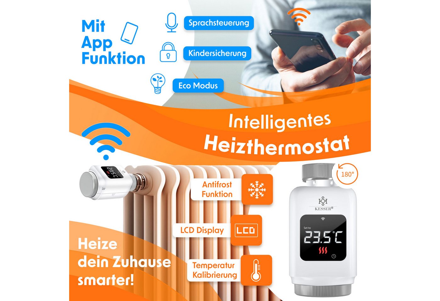 KESSER Heizkörperthermostat, Heizungsregler Smart Home Heizungssteuerung mit WLAN & APP Steuerung – Bild 2 von 5