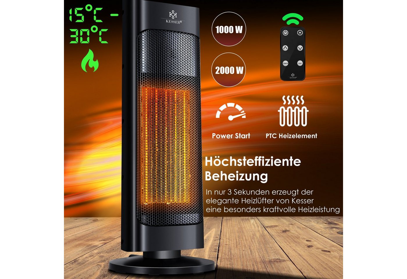 KESSER Heizlüfter, mit Fernbedienung energiesparend leise 2000W – Bild 2 von 5