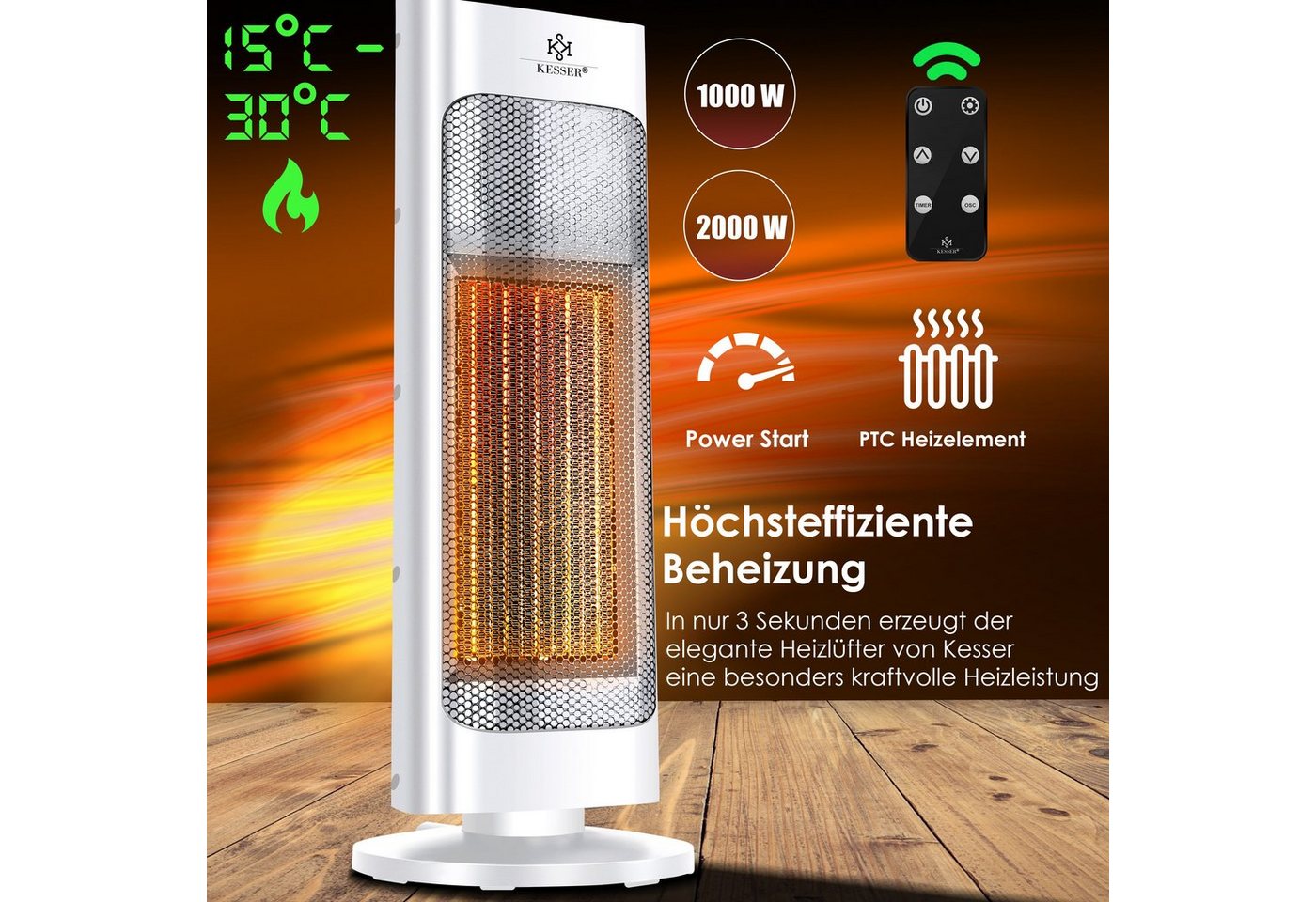 KESSER Heizlüfter, mit Fernbedienung energiesparend leise 2000W – Bild 2 von 5