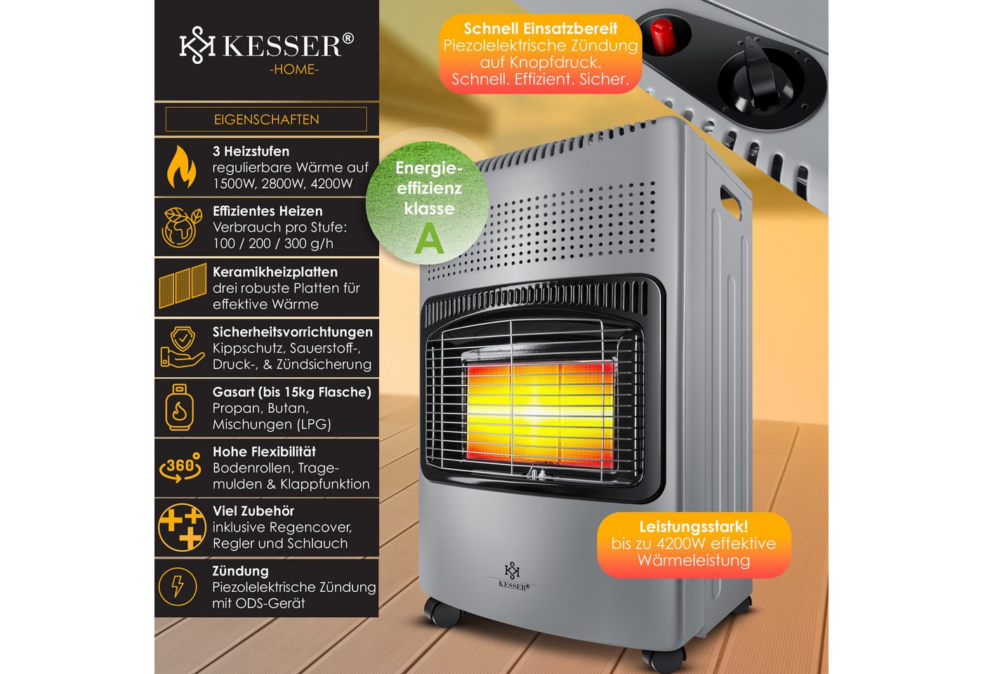 KESSER Heizstrahler, 4200 W, 4200W Keramik Gasheizer Heizstrahler inkl. Gasdruckregler Gasschlauch – Bild 2 von 5