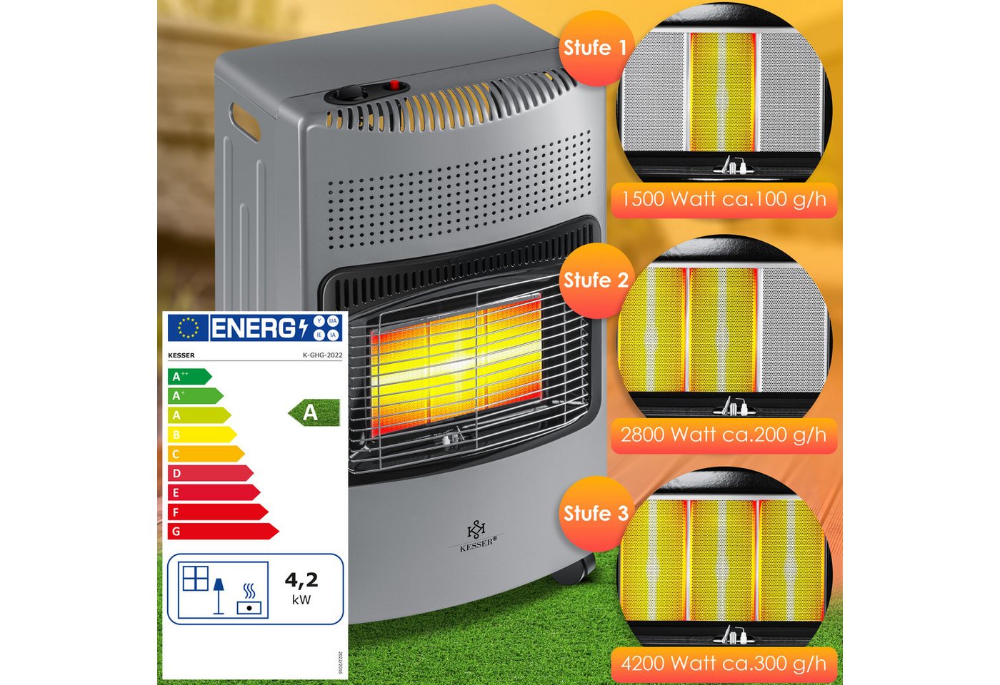 KESSER Heizstrahler, 4200 W, 4200W Keramik Gasheizer Heizstrahler inkl. Gasdruckregler Gasschlauch – Bild 3 von 5