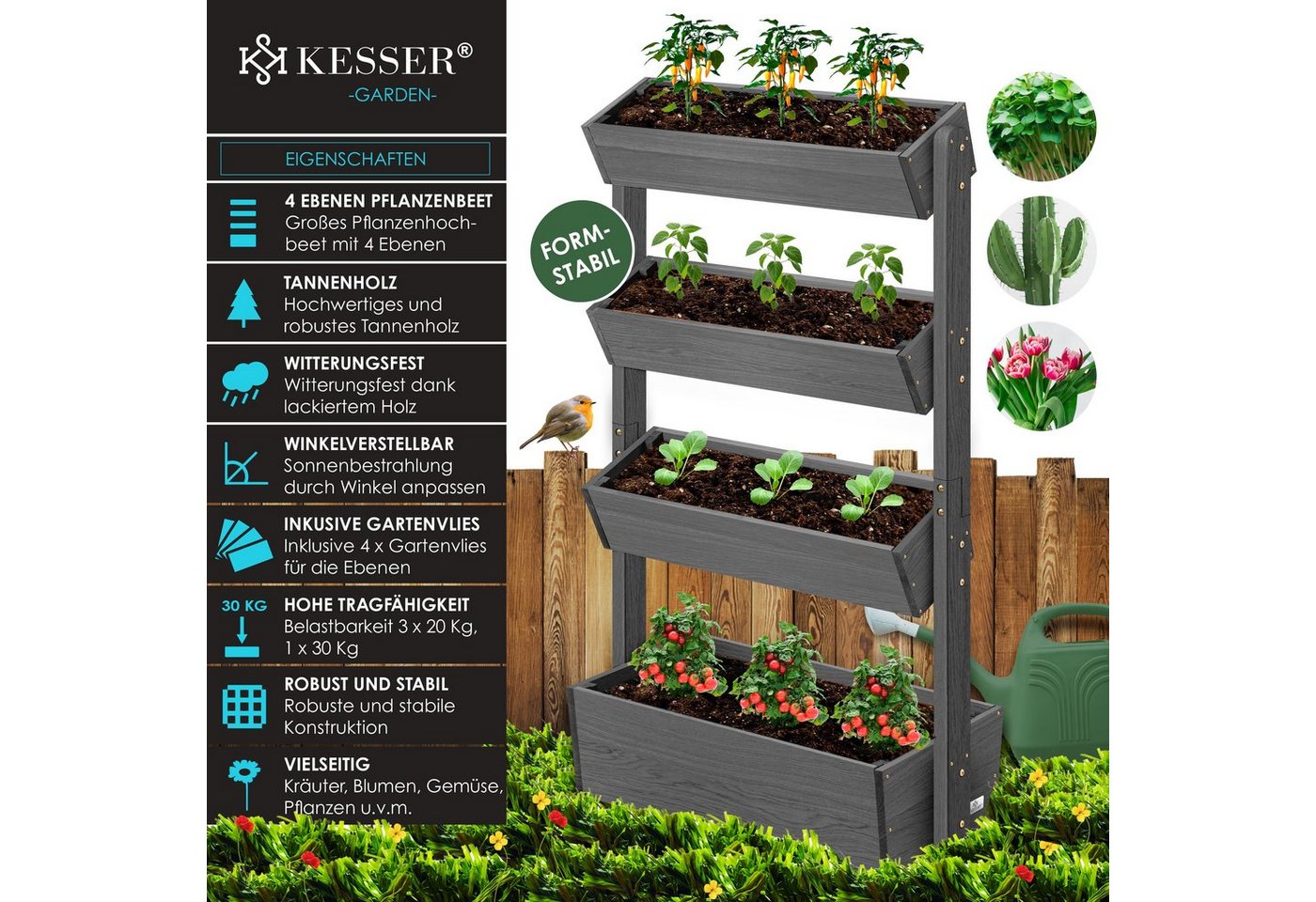 KESSER Hochbeet, mit Etagen Premium Blumenkasten Blumentreppe Gemüsebeet Blumenbeet – Bild 2 von 5