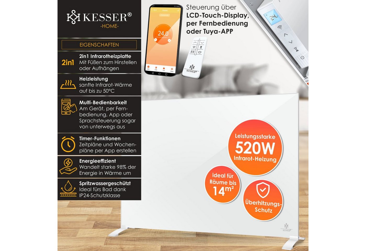 KESSER Infrarotheizung, mit Thermostat Energiesparend 2in1 Standgerät & Wandmontage – Bild 2 von 5
