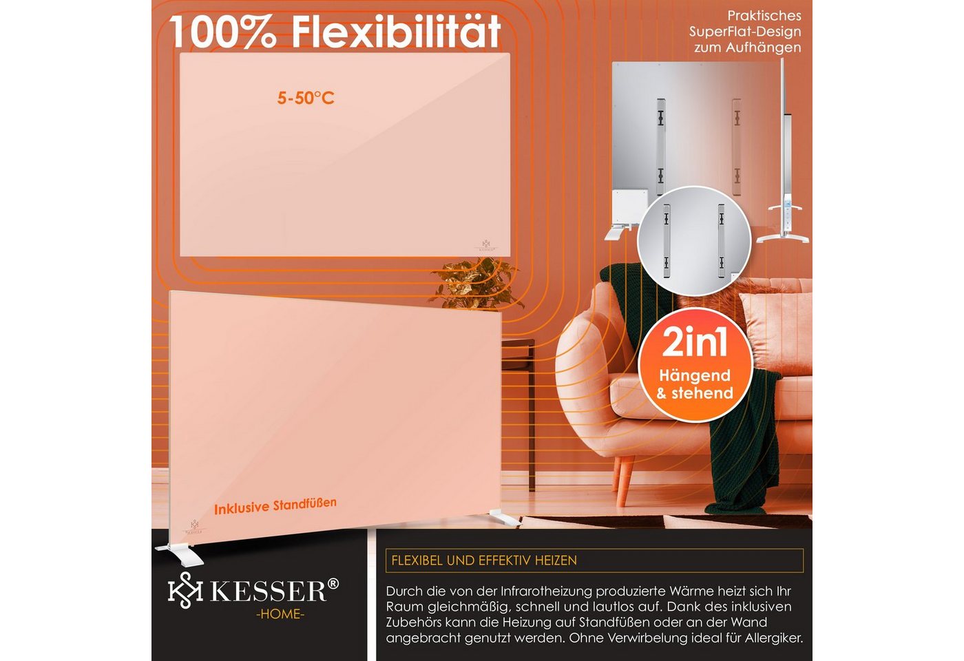 KESSER Infrarotheizung, mit Thermostat Energiesparend 2in1 Standgerät & Wandmontage – Bild 4 von 5