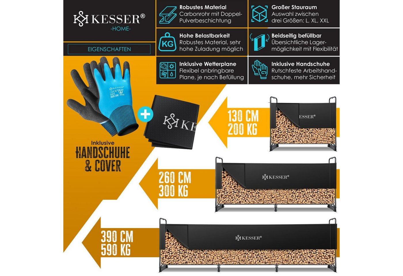KESSER Kaminholzregal, Kaminholzregal Metall Brennholzregal außen Stahlrahmen + Abdeckung – Bild 2 von 5