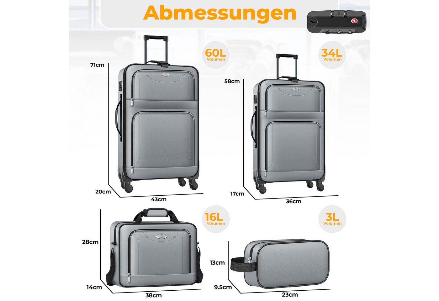 KESSER Kofferset, 4 Rollen, (Kosmetiktasche Handgepäck leichter Koffer & große Koffer), mit 3-Ziffern-TSA-Schloss, 360° Rollen & Teleskopgriff – Bild 2 von 5
