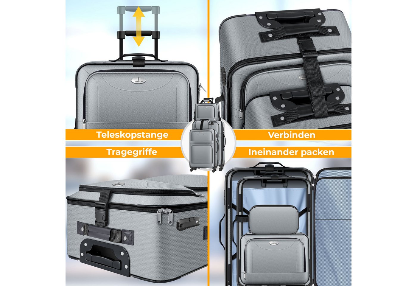 KESSER Kofferset, 4 Rollen, (Kosmetiktasche Handgepäck leichter Koffer & große Koffer), mit 3-Ziffern-TSA-Schloss, 360° Rollen & Teleskopgriff – Bild 5 von 5