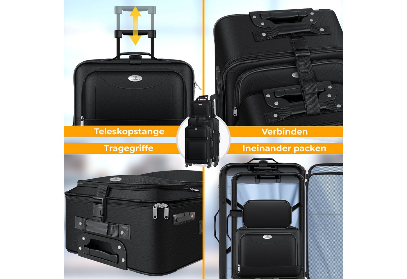 KESSER Kofferset, 4 Rollen, (Kosmetiktasche Handgepäck leichter Koffer & große Koffer), mit 3-Ziffern-TSA-Schloss, 360° Rollen & Teleskopgriff – Bild 5 von 5