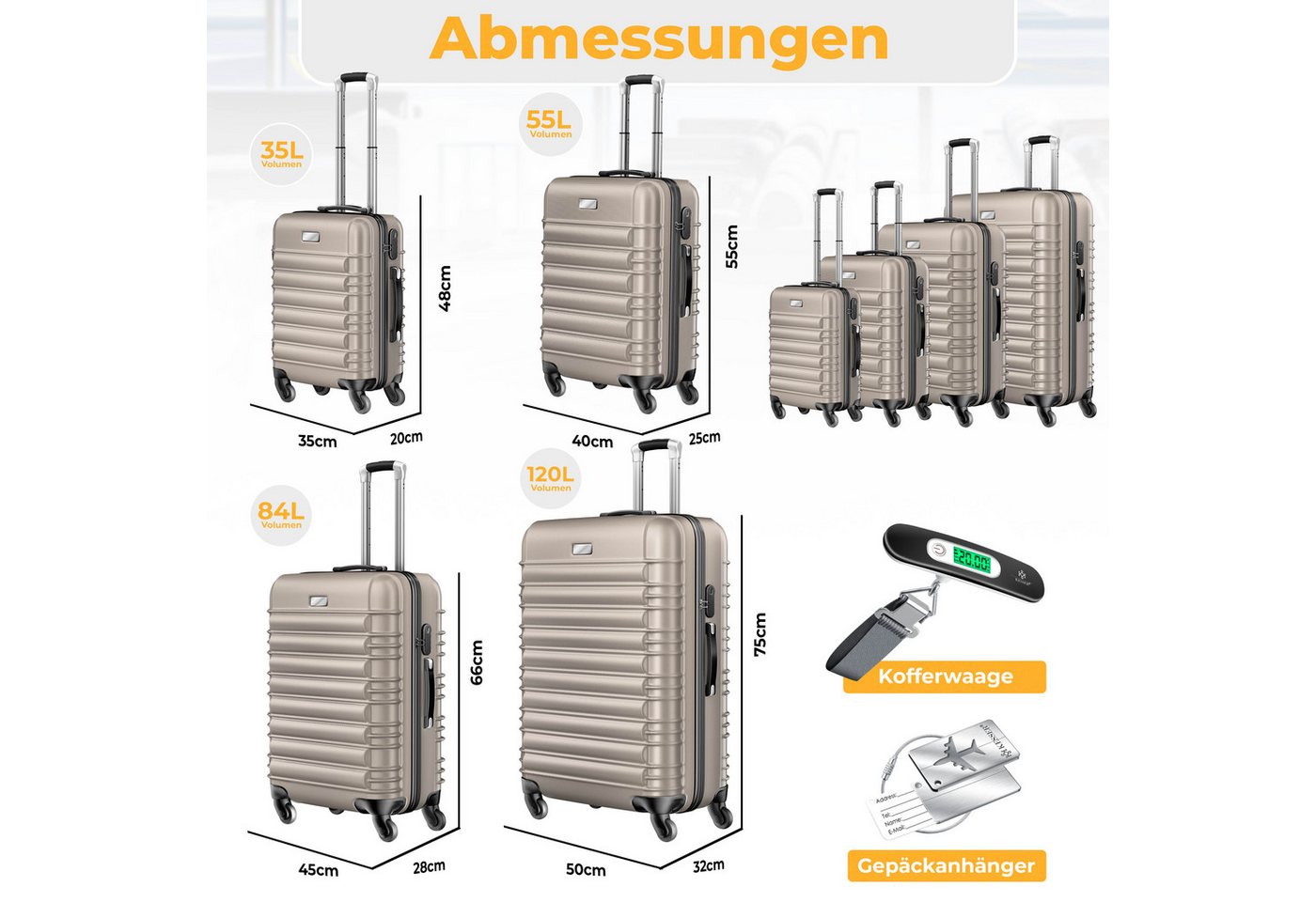 KESSER Kofferset, 4 Rollen, Inkl. Kofferwaage + Gepäckanhänger ABS-Hartschale – Bild 2 von 5