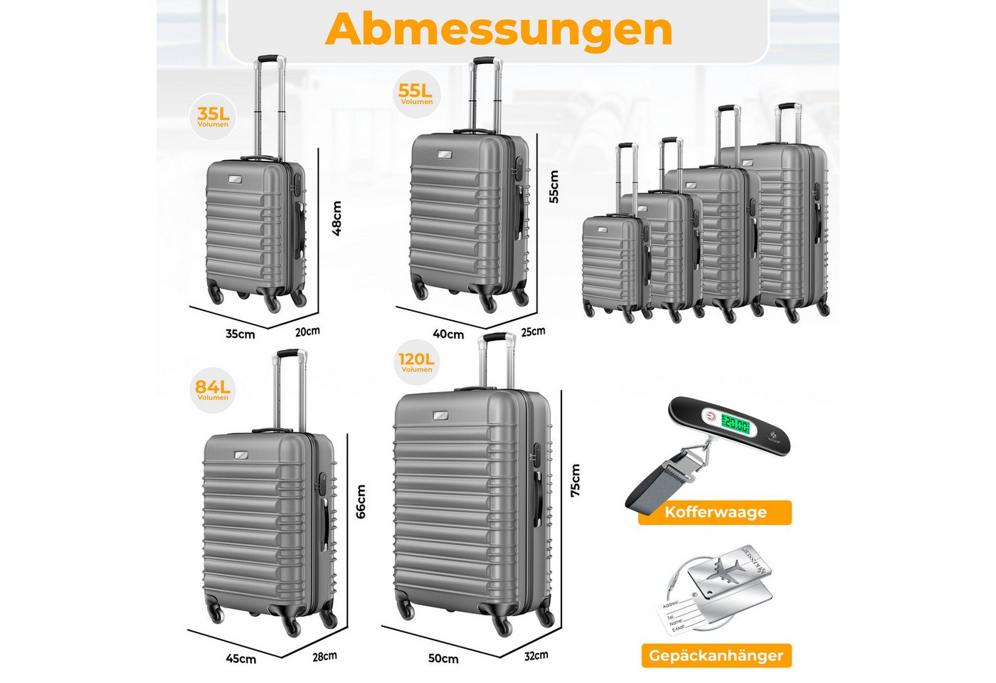 KESSER Kofferset, 4 Rollen, Inkl. Kofferwaage + Gepäckanhänger ABS-Hartschale – Bild 2 von 5