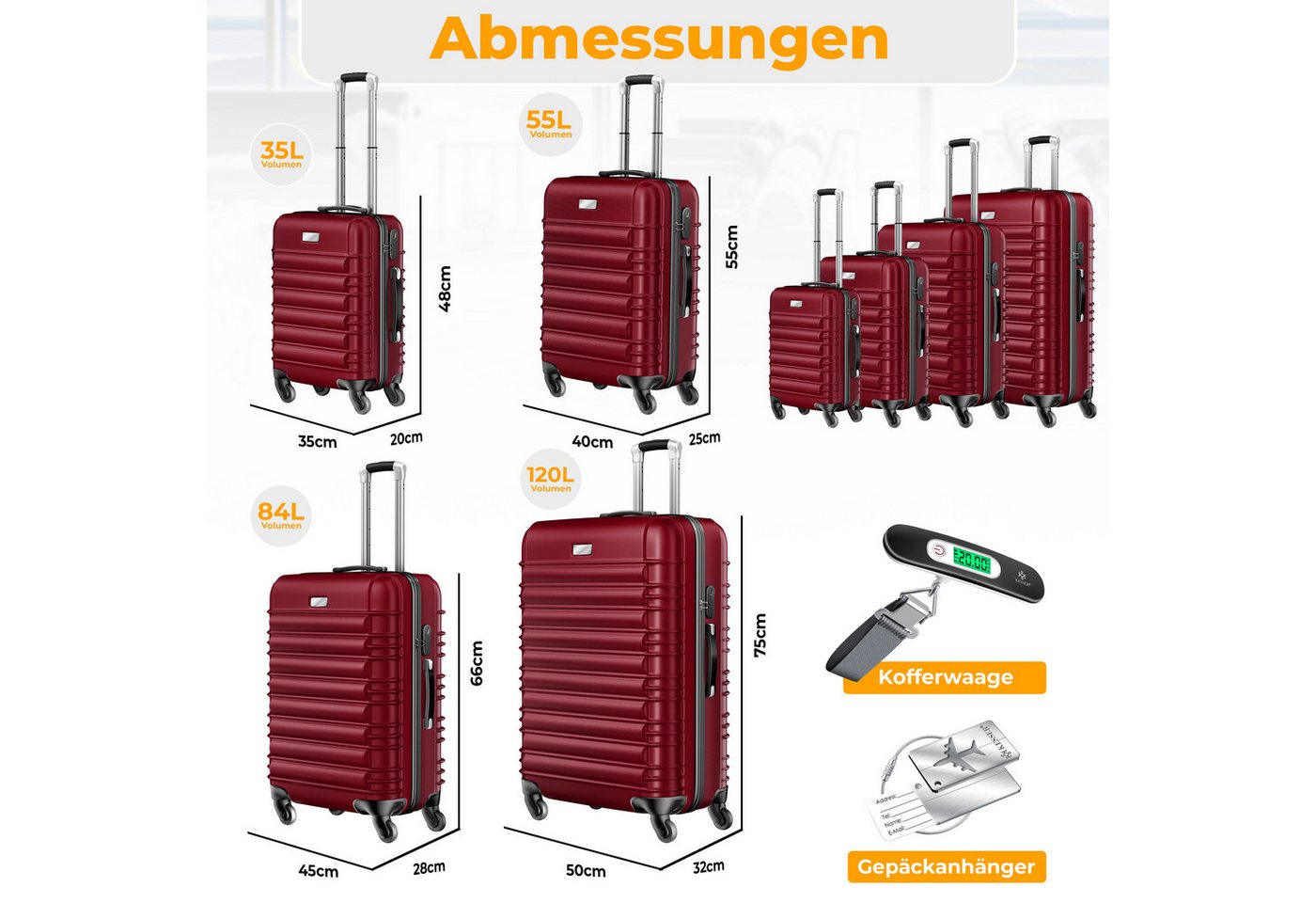 KESSER Kofferset, 4 Rollen, Inkl. Kofferwaage + Gepäckanhänger ABS-Hartschale – Bild 2 von 5