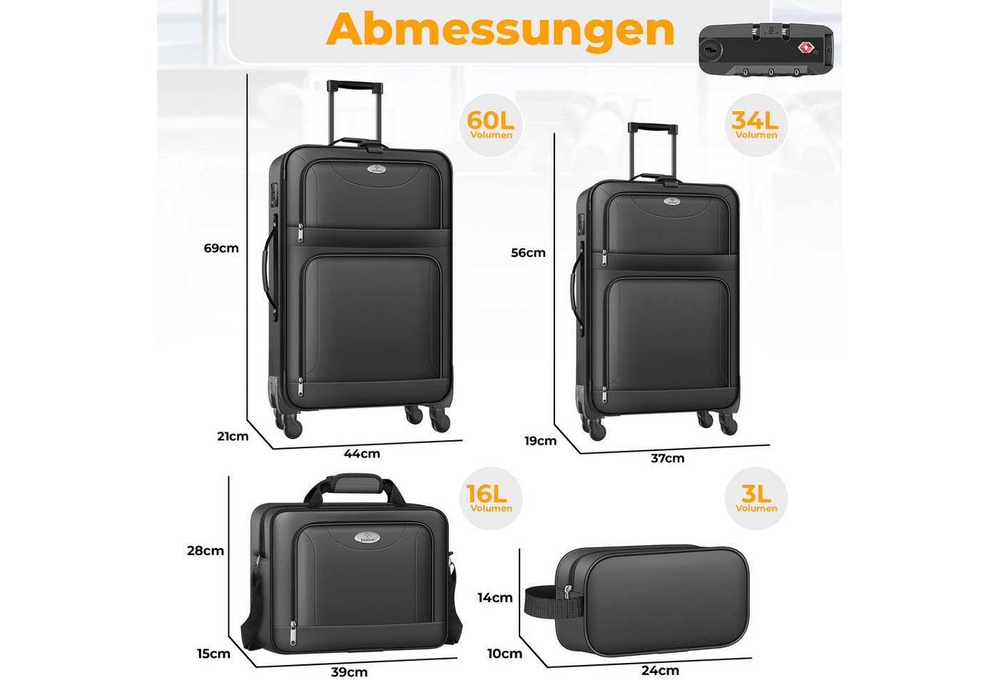 KESSER Kofferset, 4 Rollen, (Kosmetiktasche Handgepäck leichter Koffer & große Koffer), mit 3-Ziffern-TSA-Schloss, 360° Rollen & Teleskopgriff – Bild 2 von 5