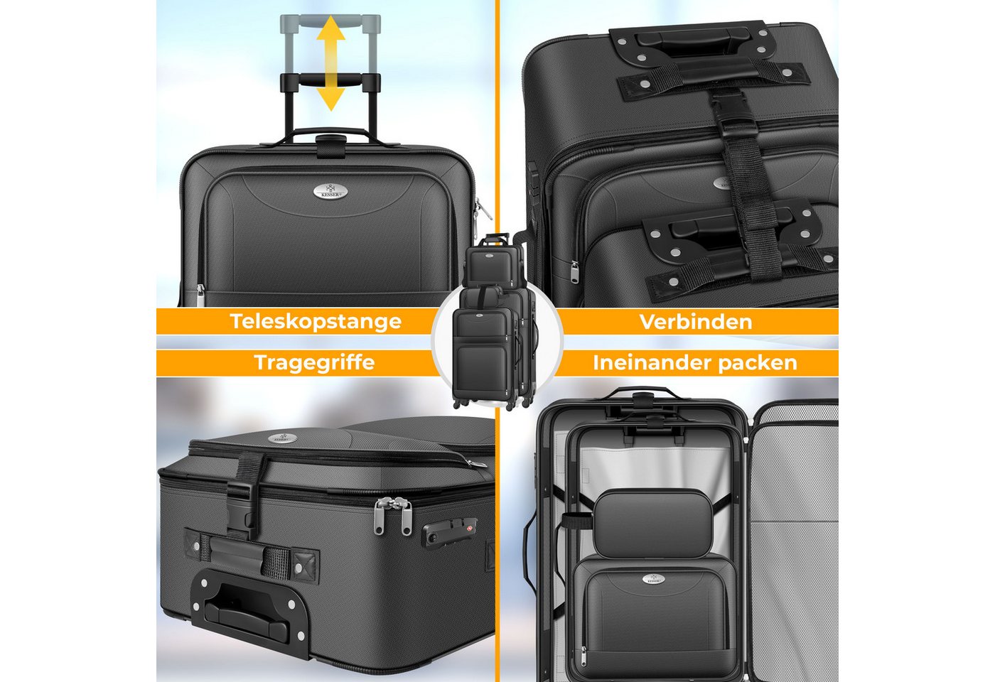 KESSER Kofferset, 4 Rollen, (Kosmetiktasche Handgepäck leichter Koffer & große Koffer), mit 3-Ziffern-TSA-Schloss, 360° Rollen & Teleskopgriff – Bild 5 von 5