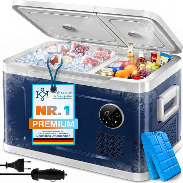 KESSER Kühlbox Kompressor 2in1 Doppelzone Kühl & Gefrierfach elektrische Gefrierbox, 40 l, mit 2x Kühlakkus & LED-Touch-Bedienung Kühlschrank bis -20 °C