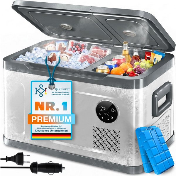 KESSER Kühlbox Kompressor 2in1 Doppelzone Kühl & Gefrierfach elektrische Gefrierbox, 40 l, mit 2x Kühlakkus & LED-Touch-Bedienung Kühlschrank bis -20 °C