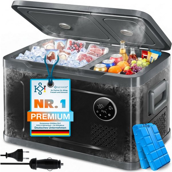 KESSER Kühlbox Kompressor 2in1 Doppelzone Kühl & Gefrierfach elektrische Gefrierbox, 40 l, mit 2x Kühlakkus & LED-Touch-Bedienung Kühlschrank bis -20 °C