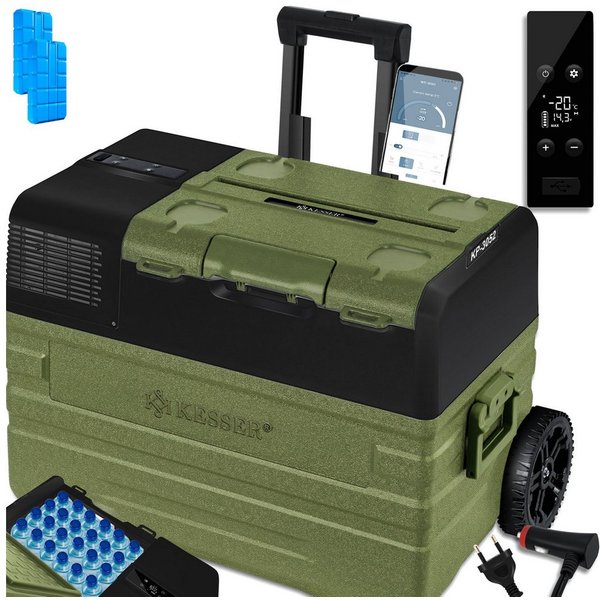 KESSER Kühlbox Kompressor Kühlbox elektrisch Gefrierbox APP-Steuerung USB-Anschluss, 52 l, 12/24 V 230V, +Teleskopstange, 2x Kühlbox Räder Kühlschrank -20 °C