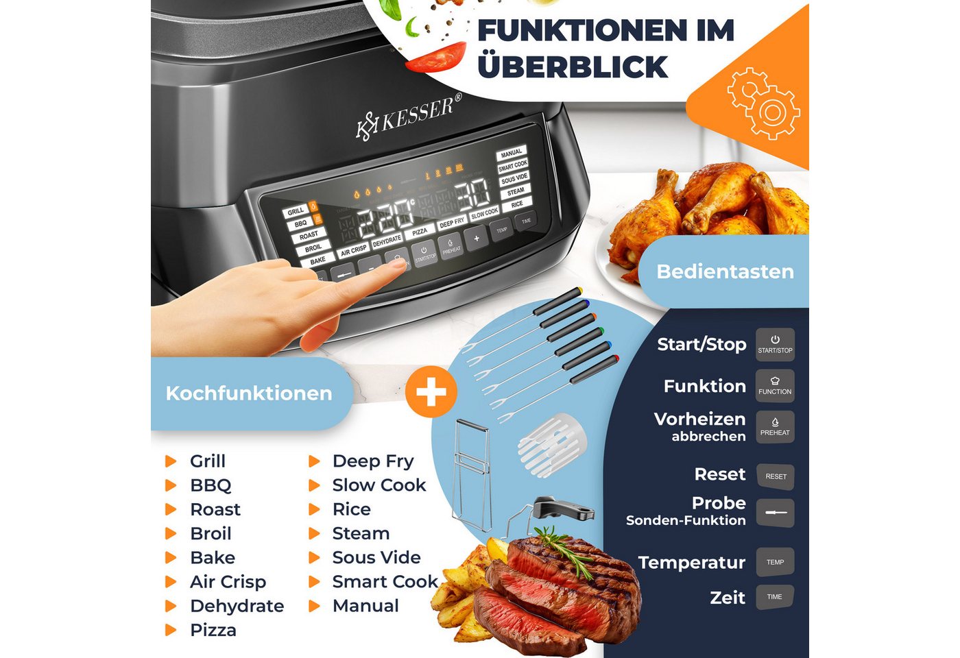 KESSER Multikocher Küchengerät mit 16 Programmen Grillen, Backen, Schmoren, Dampfgaren, 1800 W, All-in-One Slow Cooker, Schnellkochkopf, Heißluftfritteuse, Reis – Bild 3 von 5