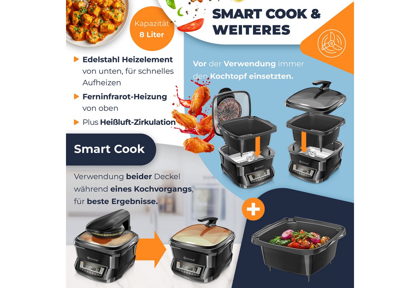 KESSER Multikocher Küchengerät mit 16 Programmen Grillen, Backen, Schmoren, Dampfgaren, 1800 W, All-in-One Slow Cooker, Schnellkochkopf, Heißluftfritteuse, Reis – Bild 5 von 5