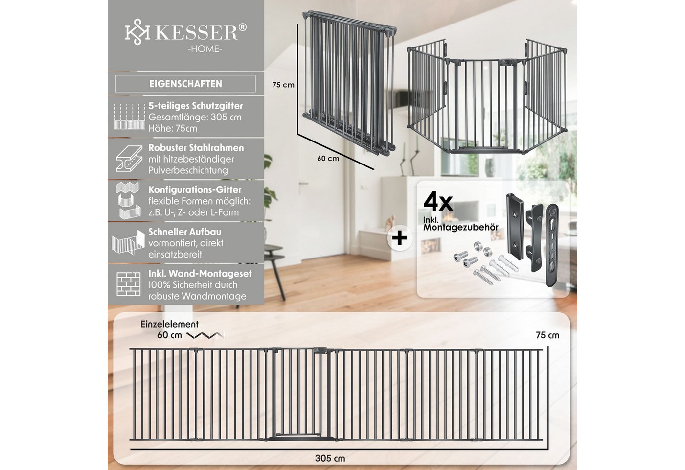 KESSER Ofenschutzgitter, Kaminschutzgitter mit Tür Metall Laufgitter Türschutzgitter Laufstall – Bild 2 von 5