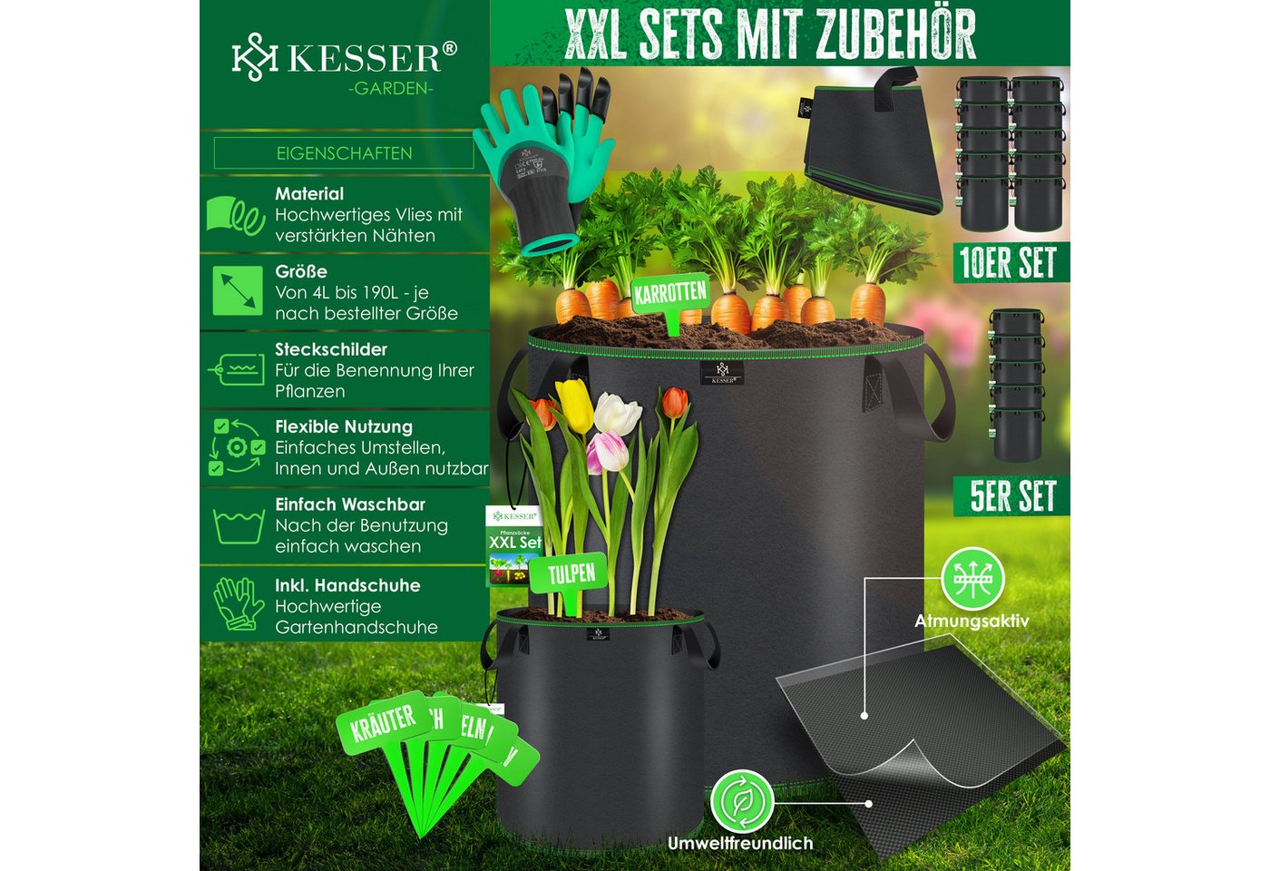 KESSER Pflanzkübel, Pflanzsäcke aus Vlies Kartoffel Pflanzsack Pflanztasche – Bild 2 von 5