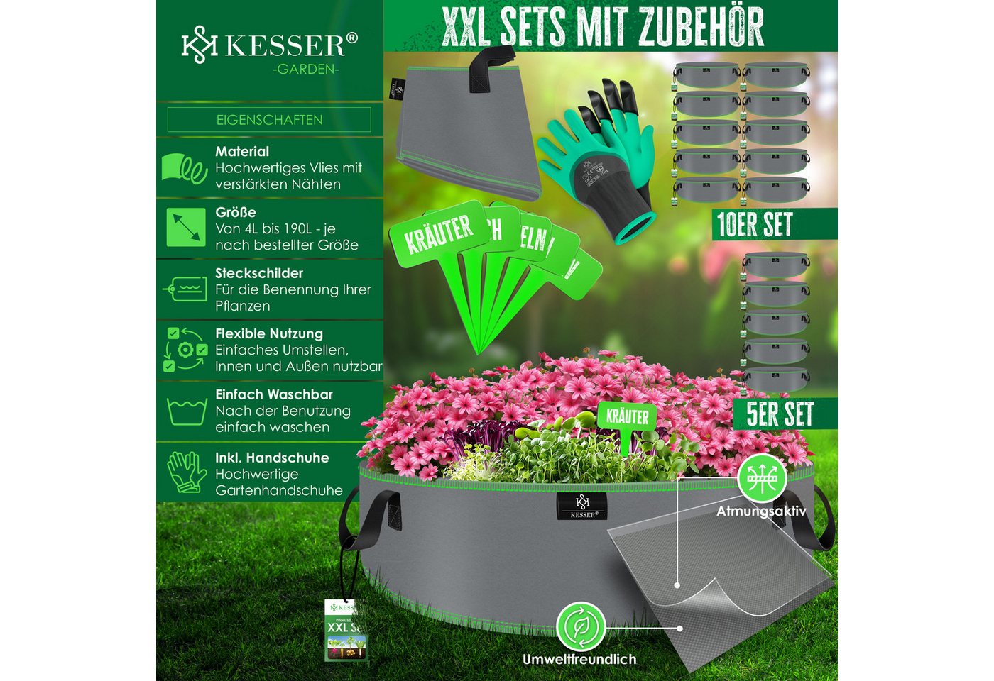 KESSER Pflanzkübel, Pflanzsäcke aus Vlies Kartoffel Pflanzsack Pflanztasche – Bild 2 von 5