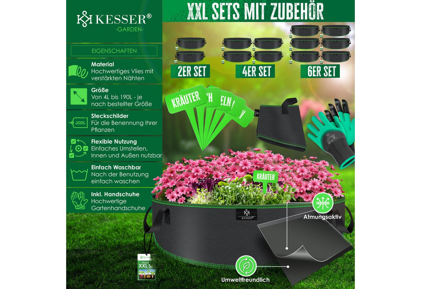 KESSER Pflanzkübel, Pflanzsäcke aus Vlies Kartoffel Pflanzsack Pflanztasche – Bild 2 von 5