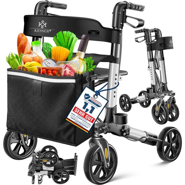 KESSER Rollator Aluminium – faltbar, höhenverstellbar & bis 136 kg belastbar, wetterbeständig, Tasche, Stockhalter, Reflektoren, 360° Gelände Reifen