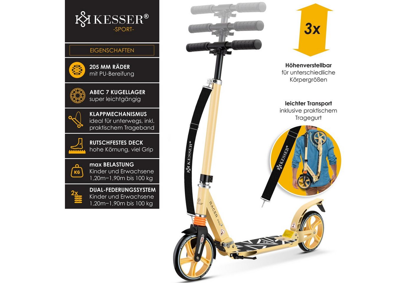 KESSER Scooter, Cityroller Scooter 205mm Räder PU Big Wheel Pro-S Tretroller – Bild 2 von 5