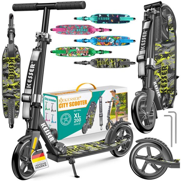KESSER Scooter mit Hinterradbremse & rutschfeste Trittfläche, bis 100kg & 185cm Körpergröße, klappbar höhenverstellbar