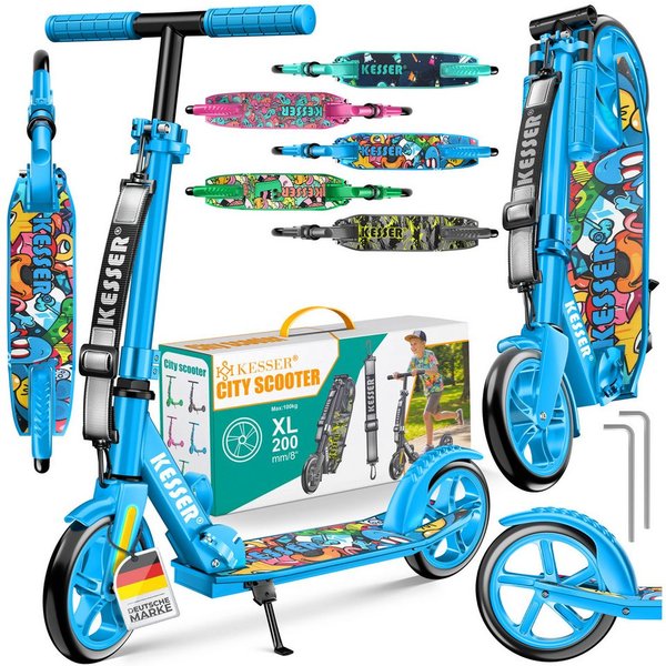 KESSER Scooter mit Hinterradbremse & rutschfeste Trittfläche, bis 100kg & 185cm Körpergröße, klappbar höhenverstellbar