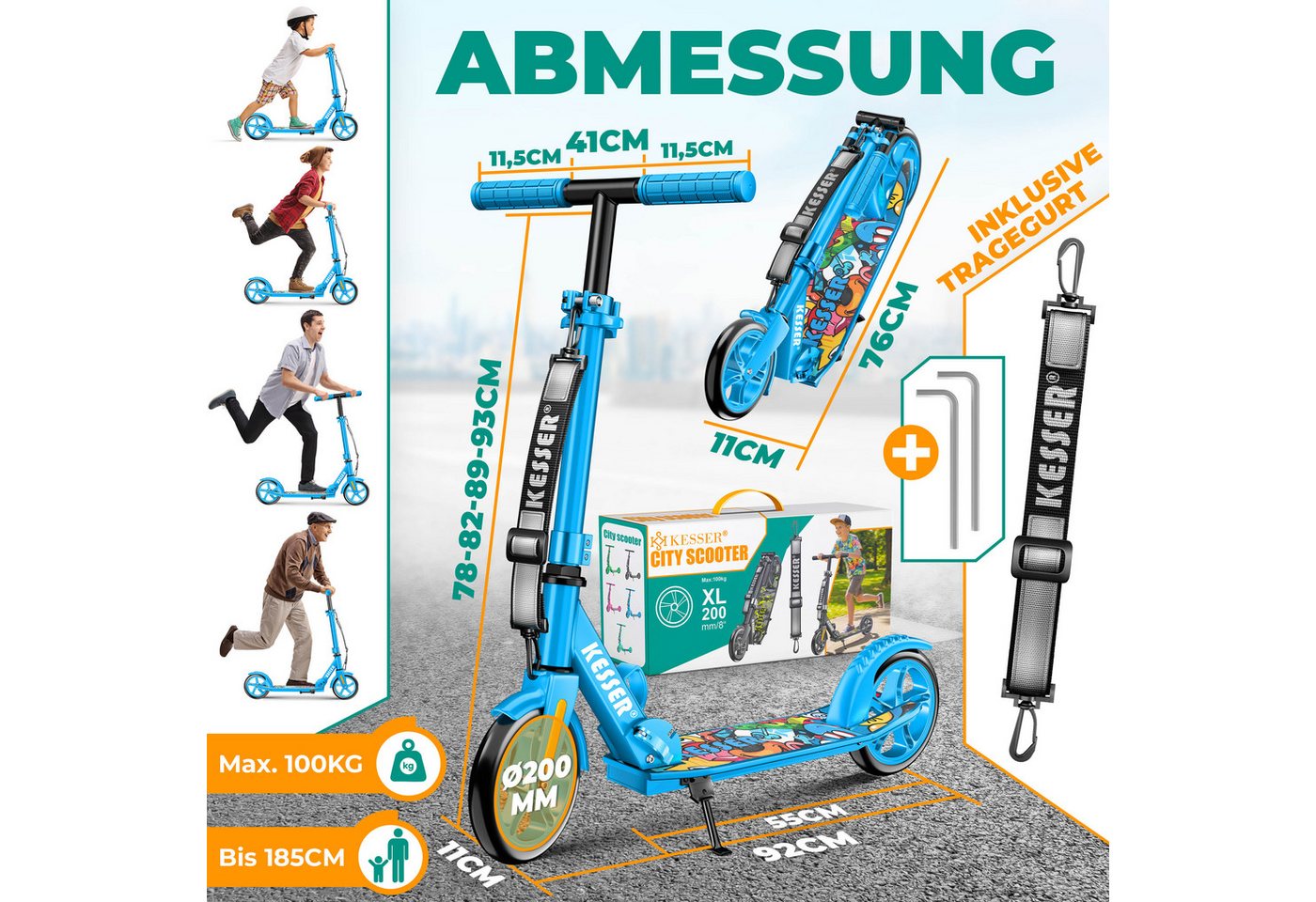 KESSER Scooter mit Hinterradbremse & rutschfeste Trittfläche, bis 100kg & 185cm Körpergröße, klappbar höhenverstellbar – Bild 2 von 5