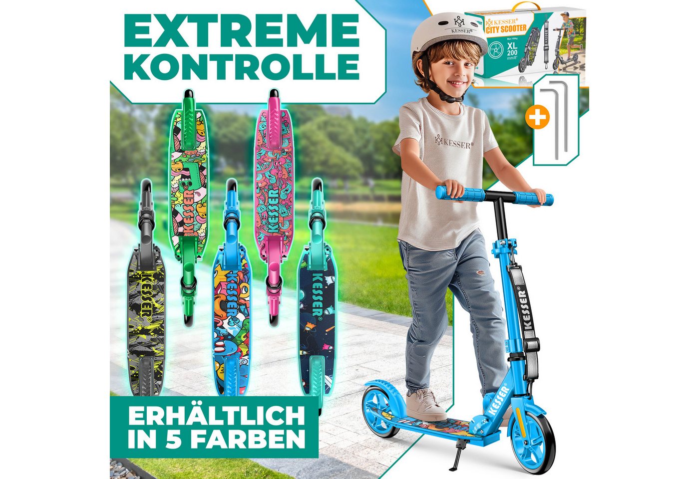 KESSER Scooter mit Hinterradbremse & rutschfeste Trittfläche, bis 100kg & 185cm Körpergröße, klappbar höhenverstellbar – Bild 3 von 5
