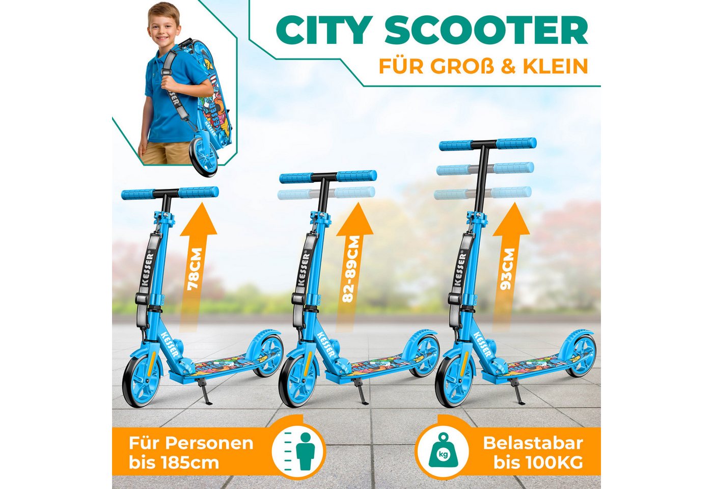 KESSER Scooter mit Hinterradbremse & rutschfeste Trittfläche, bis 100kg & 185cm Körpergröße, klappbar höhenverstellbar – Bild 4 von 5