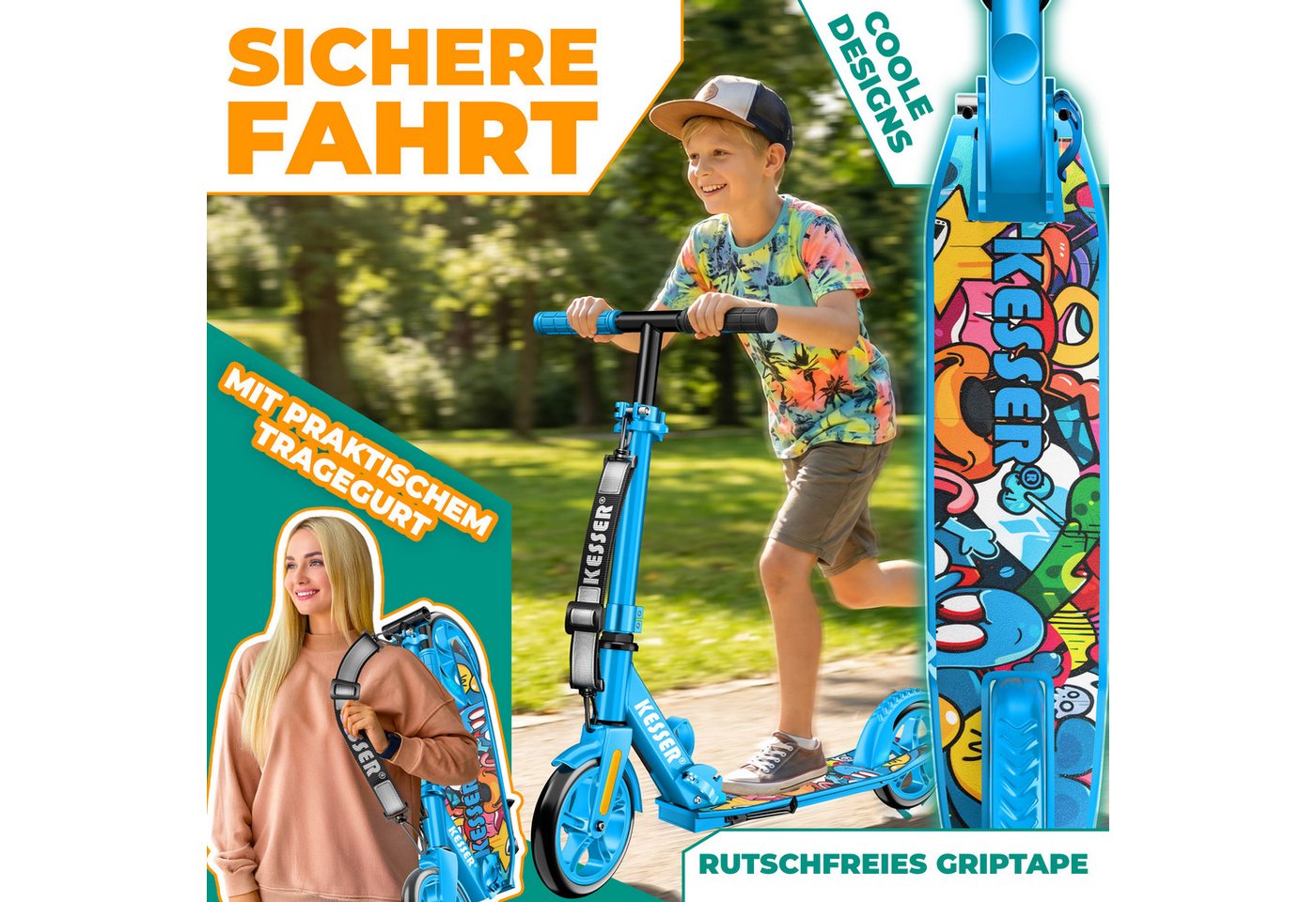 KESSER Scooter mit Hinterradbremse & rutschfeste Trittfläche, bis 100kg & 185cm Körpergröße, klappbar höhenverstellbar – Bild 5 von 5
