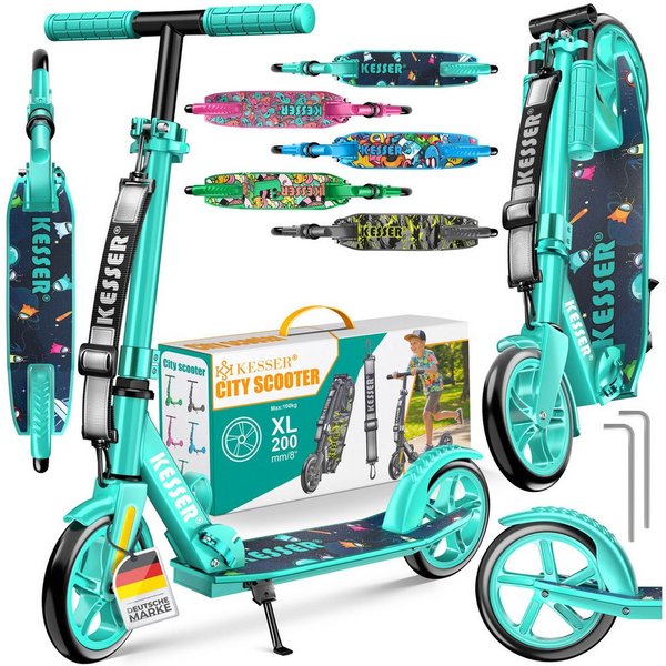 KESSER Scooter mit Hinterradbremse & rutschfeste Trittfläche, bis 100kg & 185cm Körpergröße, klappbar höhenverstellbar