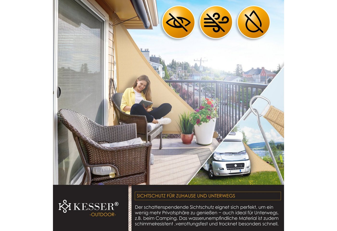 KESSER Sonnensegel, Sonnenschutz Windschutz HDPE Gewebe wasserabweisend & windabweisend – Bild 5 von 5