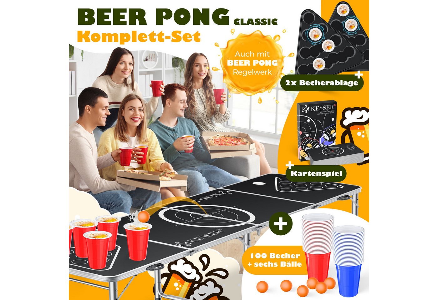 KESSER Spieltisch Bier Pong Tisch, Spiel-Set mit Kartenspiel, 100 Becher & 6 Bälle, Beer Pong Trinkspiel, höhenverstellbar & klappbar, In & Outdoor-fähig – Bild 2 von 5