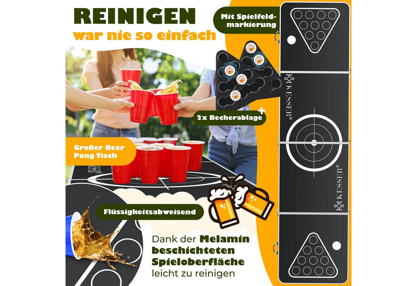 KESSER Spieltisch Bier Pong Tisch, Spiel-Set mit Kartenspiel, 100 Becher & 6 Bälle, Beer Pong Trinkspiel, höhenverstellbar & klappbar, In & Outdoor-fähig – Bild 4 von 5