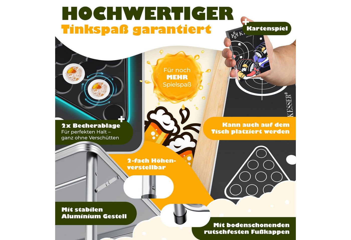 KESSER Spieltisch Bier Pong Tisch, Spiel-Set mit Kartenspiel, 100 Becher & 6 Bälle, Beer Pong Trinkspiel, höhenverstellbar & klappbar, In & Outdoor-fähig – Bild 5 von 5