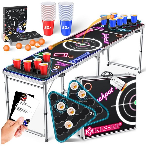 KESSER Spieltisch Bier Pong Tisch, Spiel-Set mit Kartenspiel, LED, 100 Becher & 6 Bälle, Bierpong Tisch inkl. Regelwerk, Kartenspiel, 100 Becher & 6 Bälle