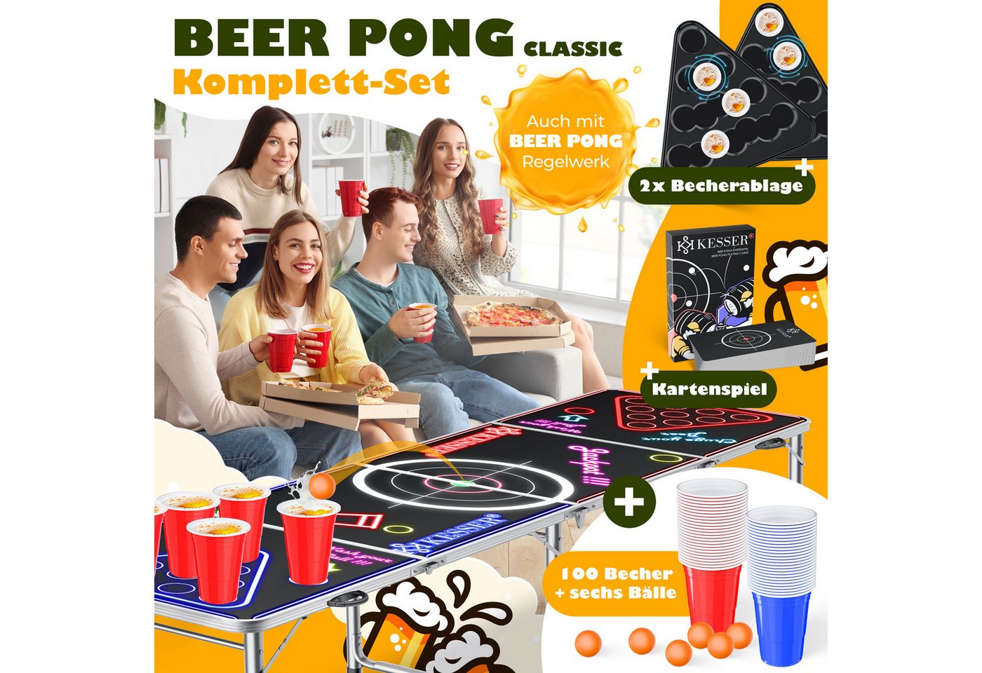 KESSER Spieltisch Bier Pong Tisch, Spiel-Set mit Kartenspiel, LED, 100 Becher & 6 Bälle, Bierpong Tisch inkl. Regelwerk, Kartenspiel, 100 Becher & 6 Bälle – Bild 2 von 5