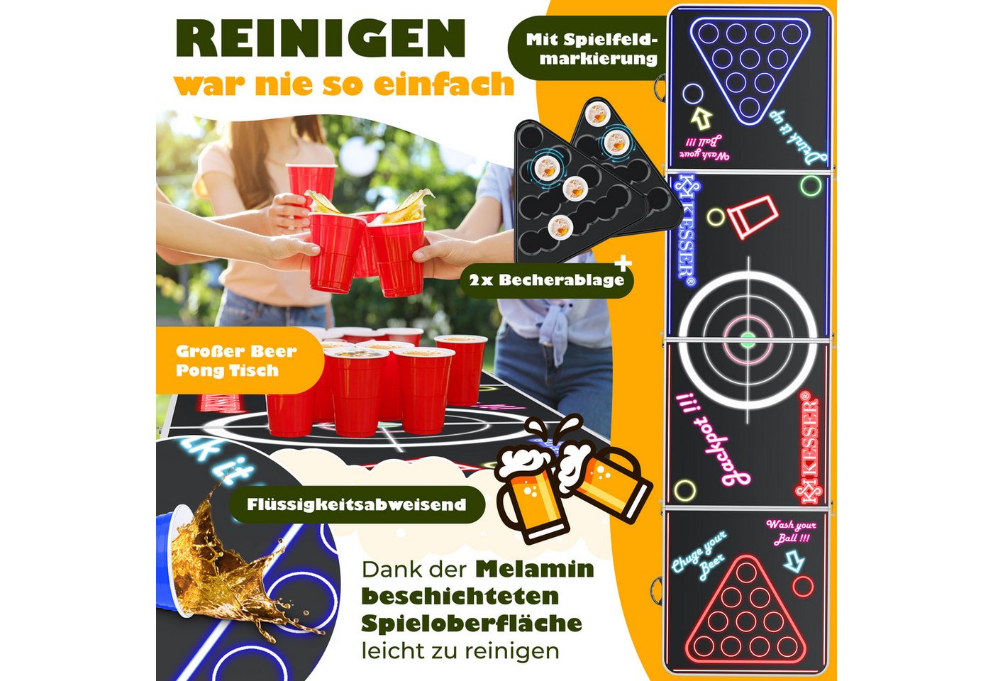 KESSER Spieltisch Bier Pong Tisch, Spiel-Set mit Kartenspiel, LED, 100 Becher & 6 Bälle, Bierpong Tisch inkl. Regelwerk, Kartenspiel, 100 Becher & 6 Bälle – Bild 4 von 5